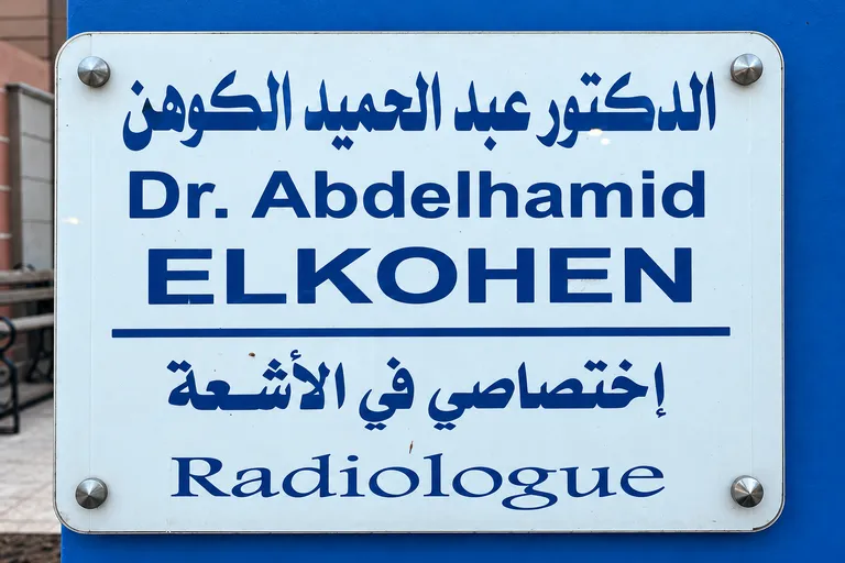 Plaque du Dr Abdelhamid El Kohen, radiologue, en arabe et en français.